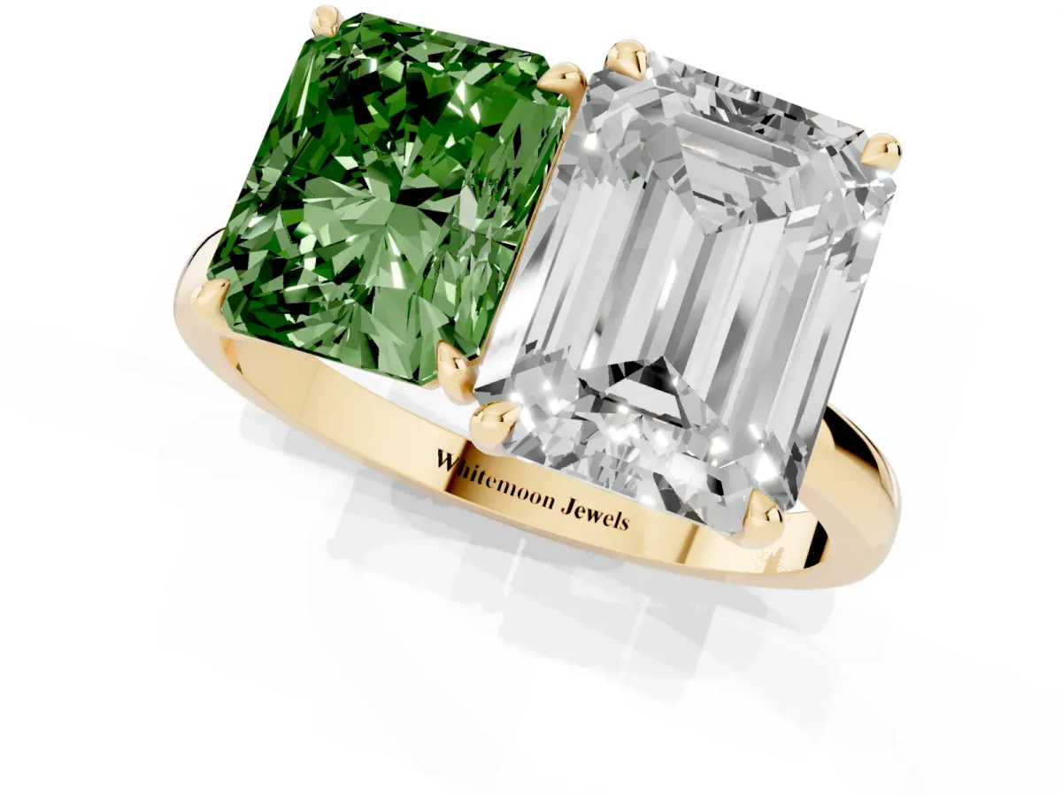 Fancy Green Radiant Cut and Emerald Cut Toi Moi Ring with Prong Setting Yellow gold