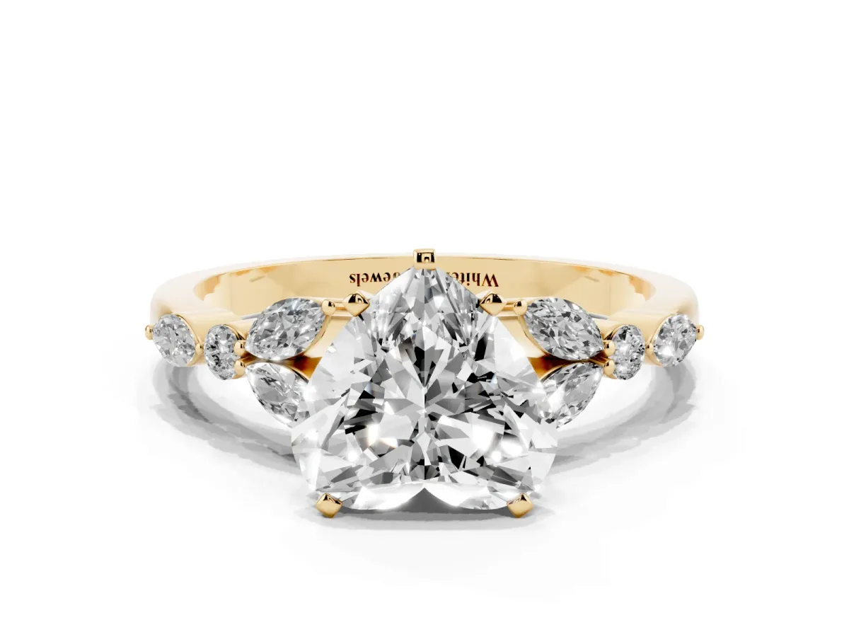 Heart Cut Diamond Solitaire Ring with Side Stones and Four-Prong Setting Yellow gold