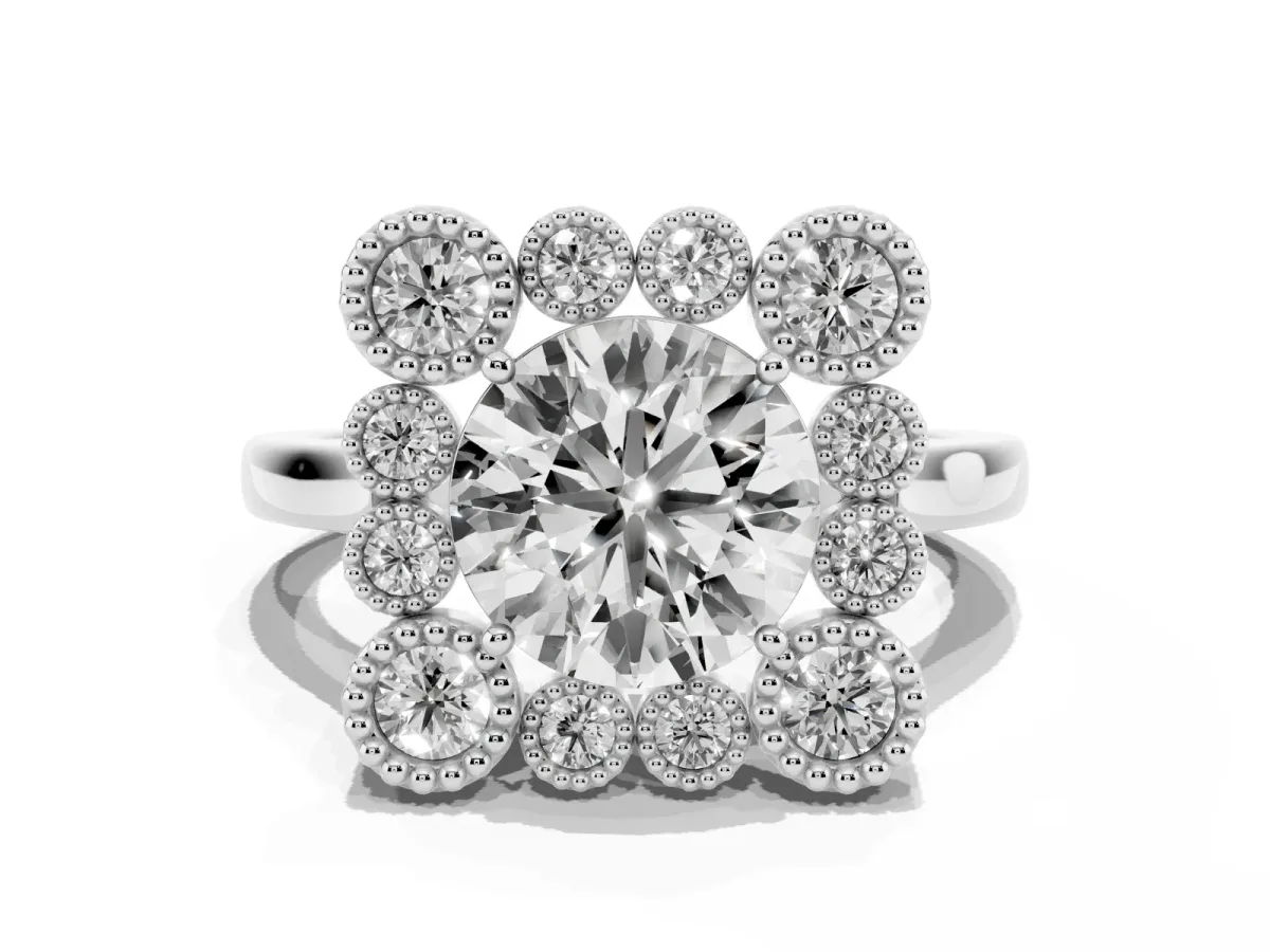 Round Cut Halo Diamond Cluster Engagement Ring with Milgrain Bezel Setting and Solitaire Band White gold