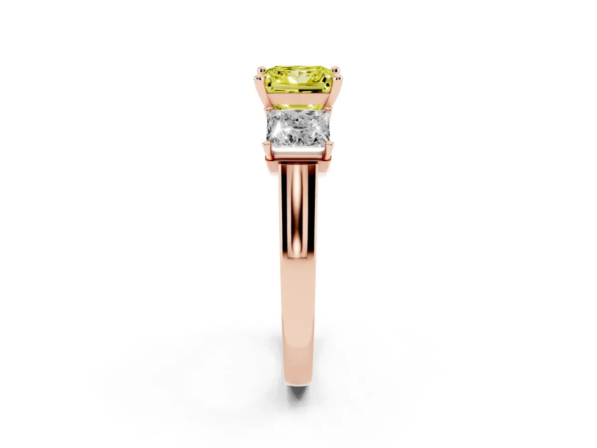 Fancy Yellow Three-Stone Princess Cut Brilliant Diamond Trellis Ring with Comfort Fit Band Rose gold