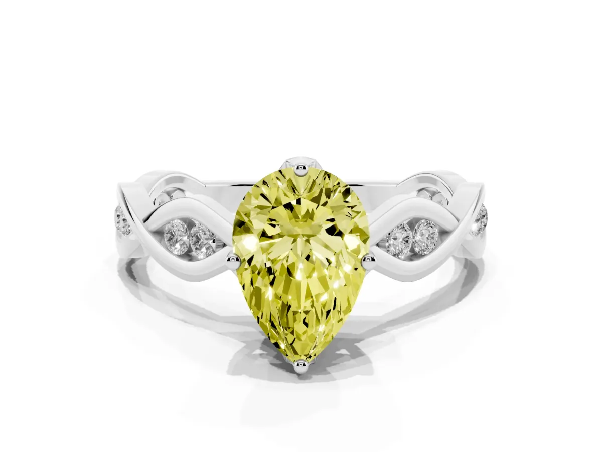 Fancy Yellow Pear Cut Solitaire Twist Band with Leaf Prong Setting White gold