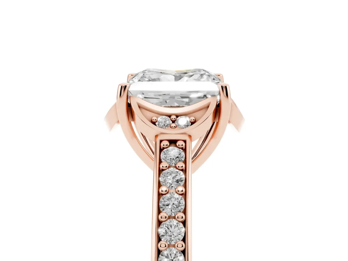 Princess Cut Cut Halo Diamond Ring with Channel Set Band and Four-Prong Setting Rose gold