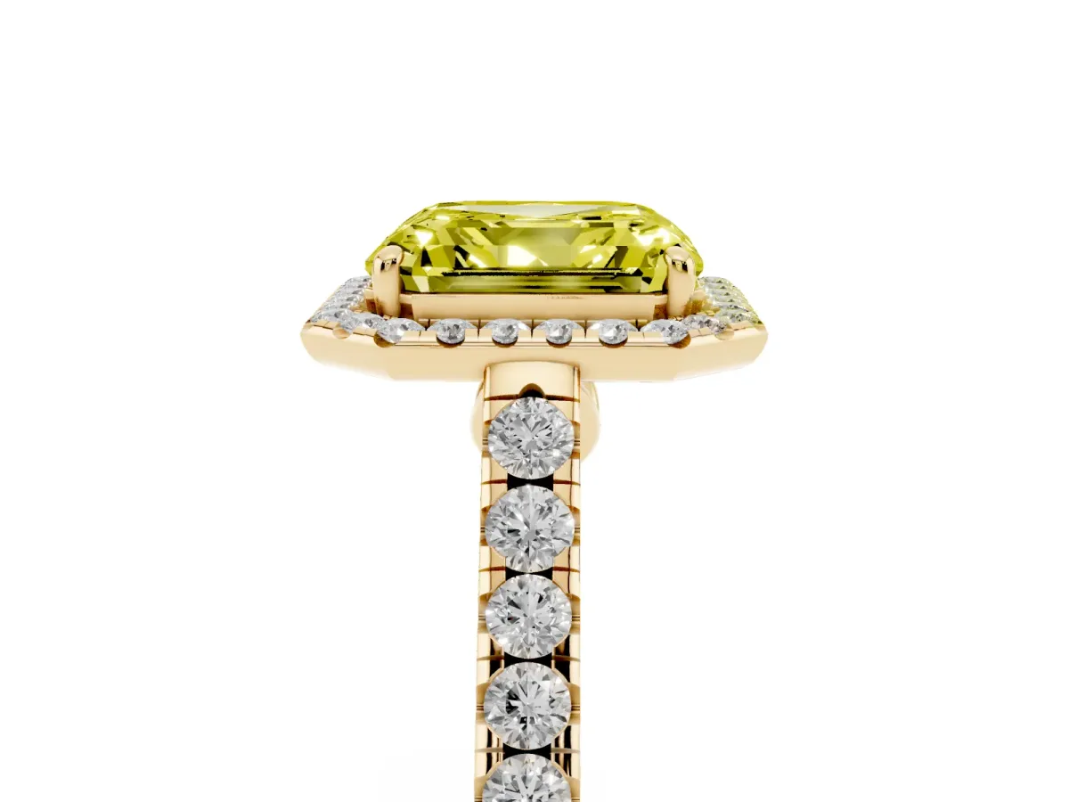 Fancy Yellow Asscher Cut Halo Pave Diamond Engagement Ring with Four-Prong Setting Yellow gold