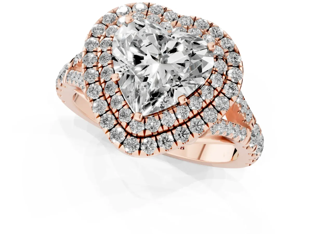 Heart Cut Cut Double Halo Split Shank Diamond Ring with Prong Setting Rose gold
