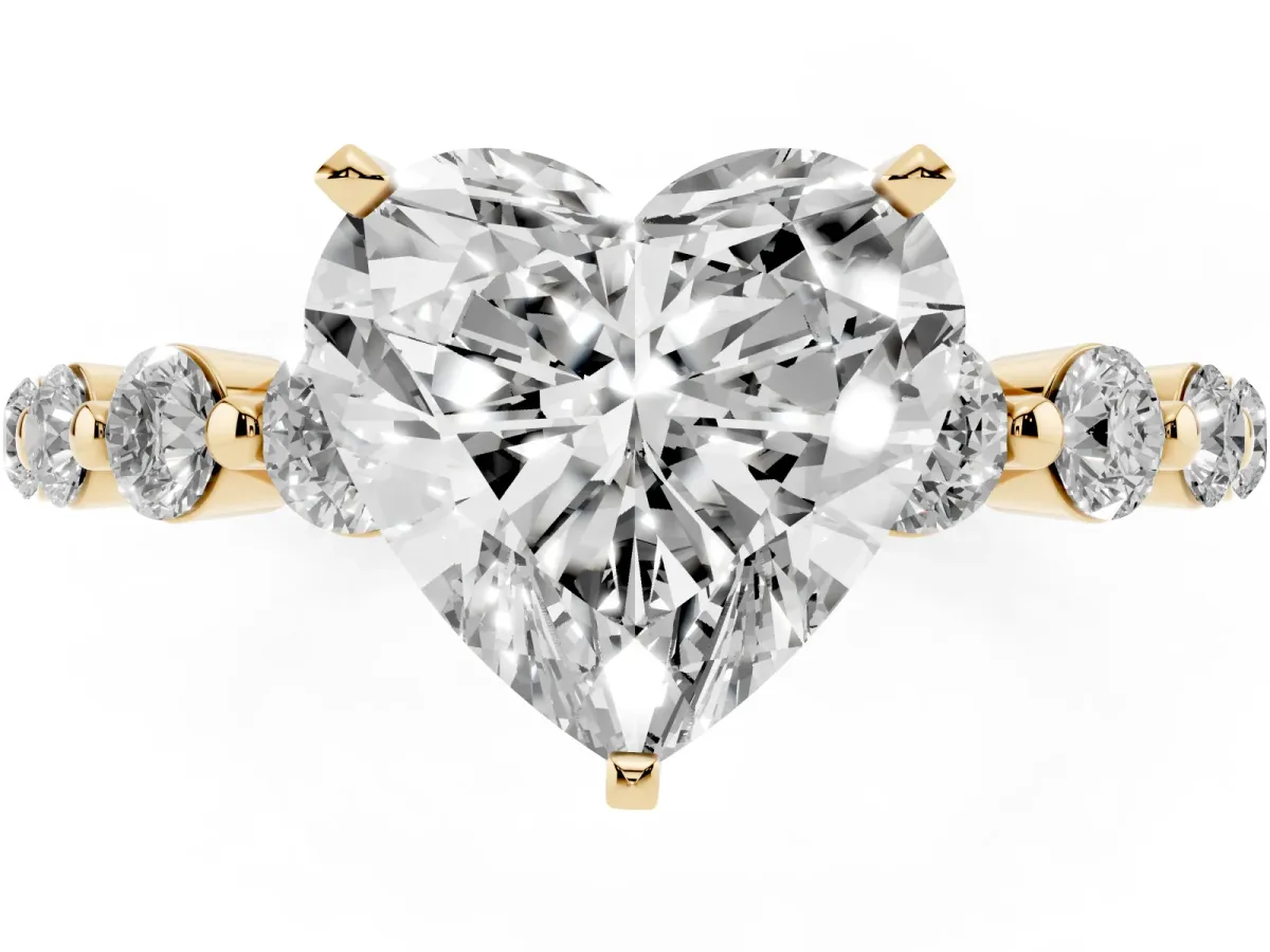 Heart Cut Solitaire Diamond Ring with Pave Band and Four-Prong Setting Yellow gold