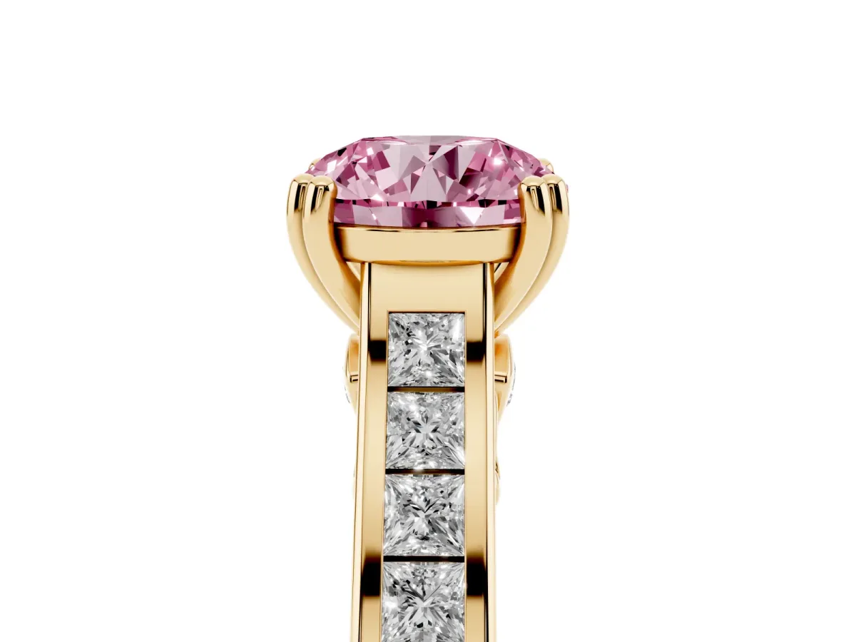 Fancy Pink Round Cut Cut Channel Set Solitaire Engagement Ring with Prong Setting Yellow gold