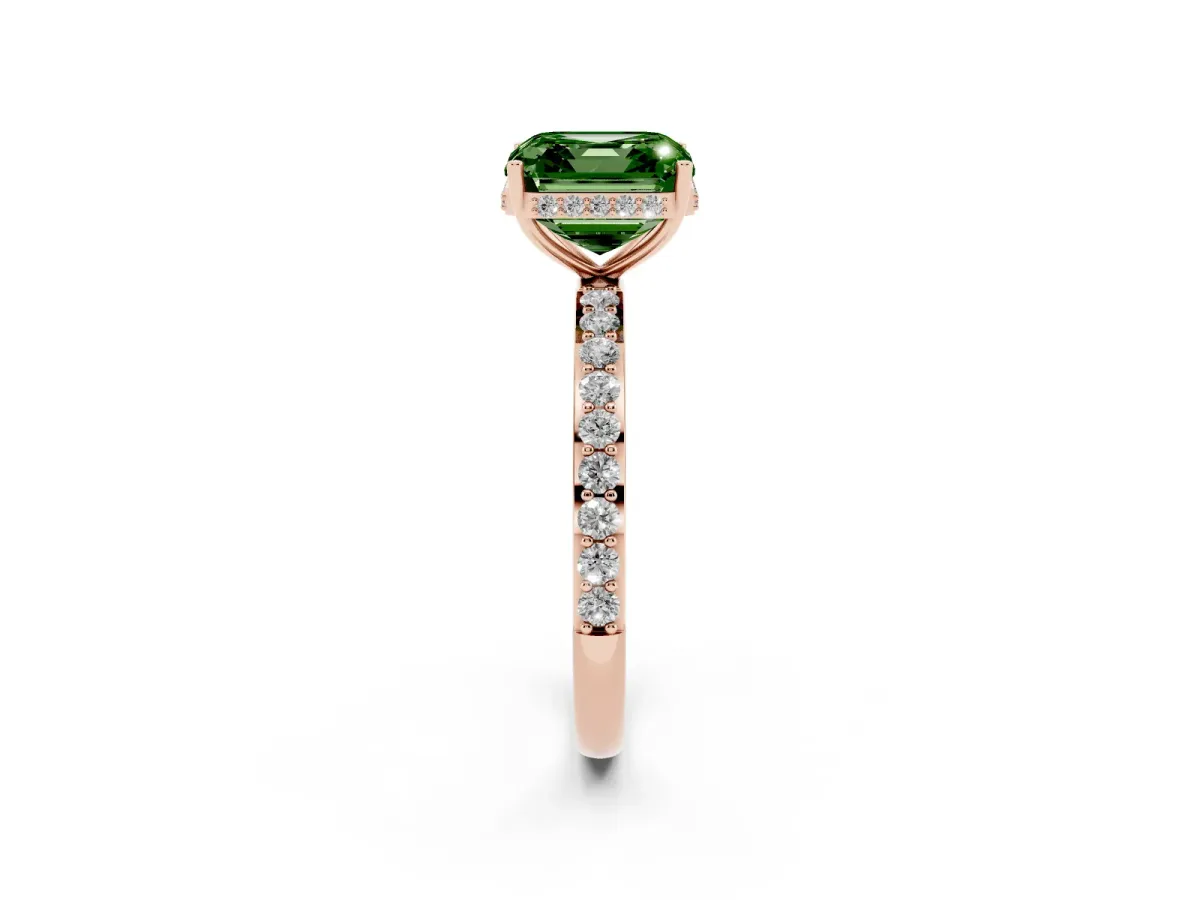Fancy Green Asscher Cut Diamond Solitaire Ring with Pavé Band and Hidden Halo Rose gold