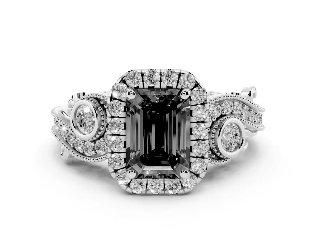 Fancy Black Emerald Cut Halo Diamond Ring with Milgrain and Bezel Accents on a Split Shank Band Platinum