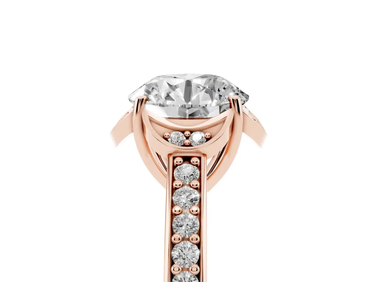 Round Cut Cut Halo Diamond Ring with Channel Set Band and Four-Prong Setting Rose gold