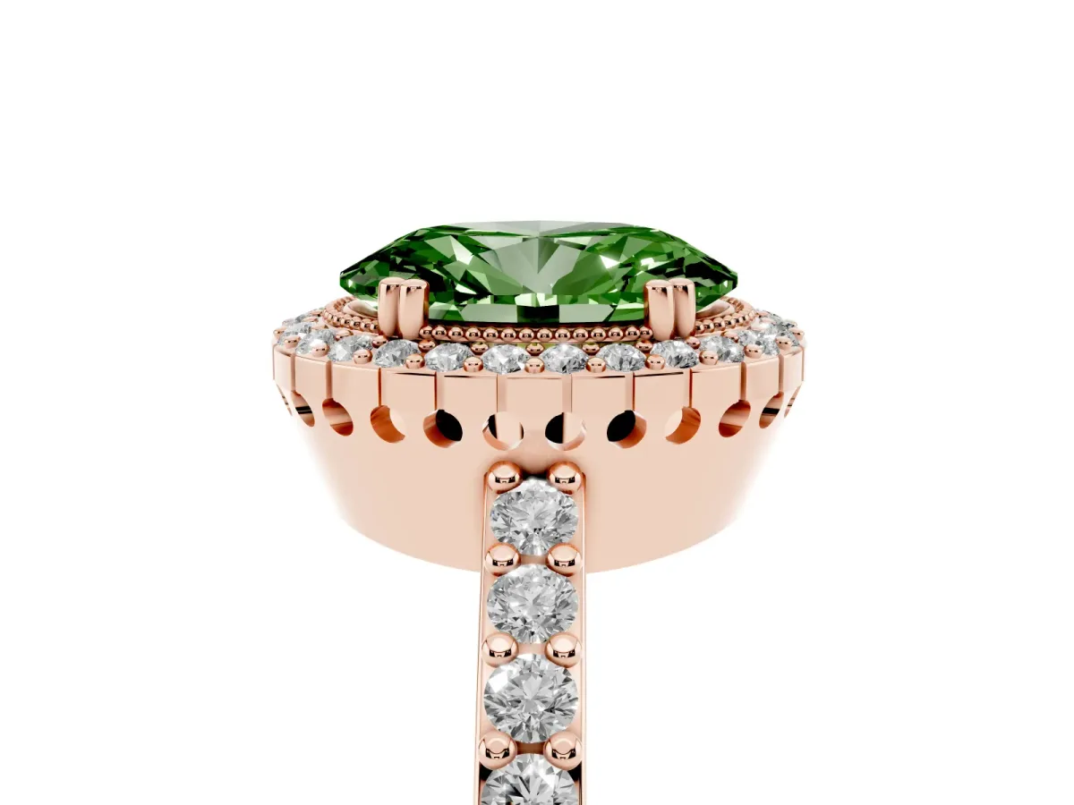 Fancy Green Oval Cut Cut Diamond Halo Engagement Ring with Milgrain Detail and Pavé Band Rose gold