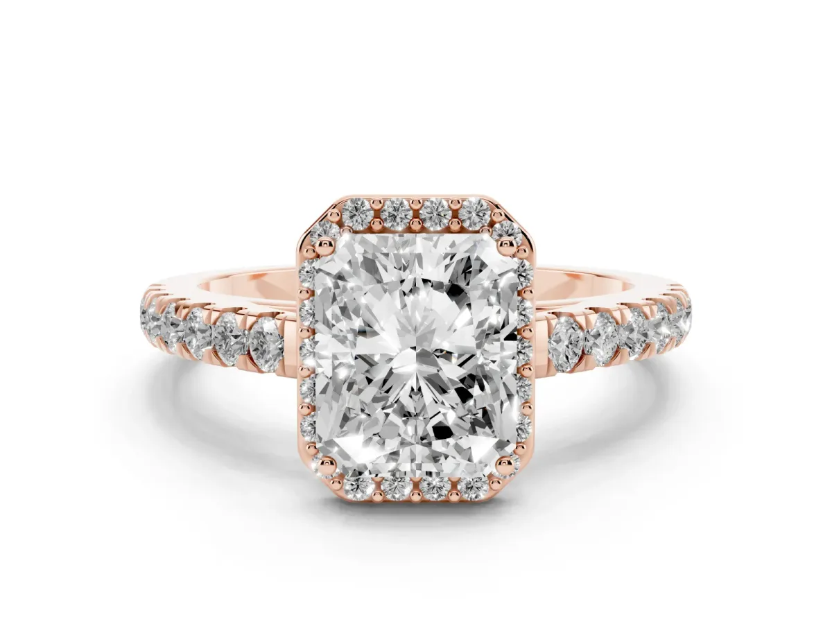 Radiant Cut Cut Halo Diamond Engagement Ring with Pave Band and Four-Prong Setting Rose gold