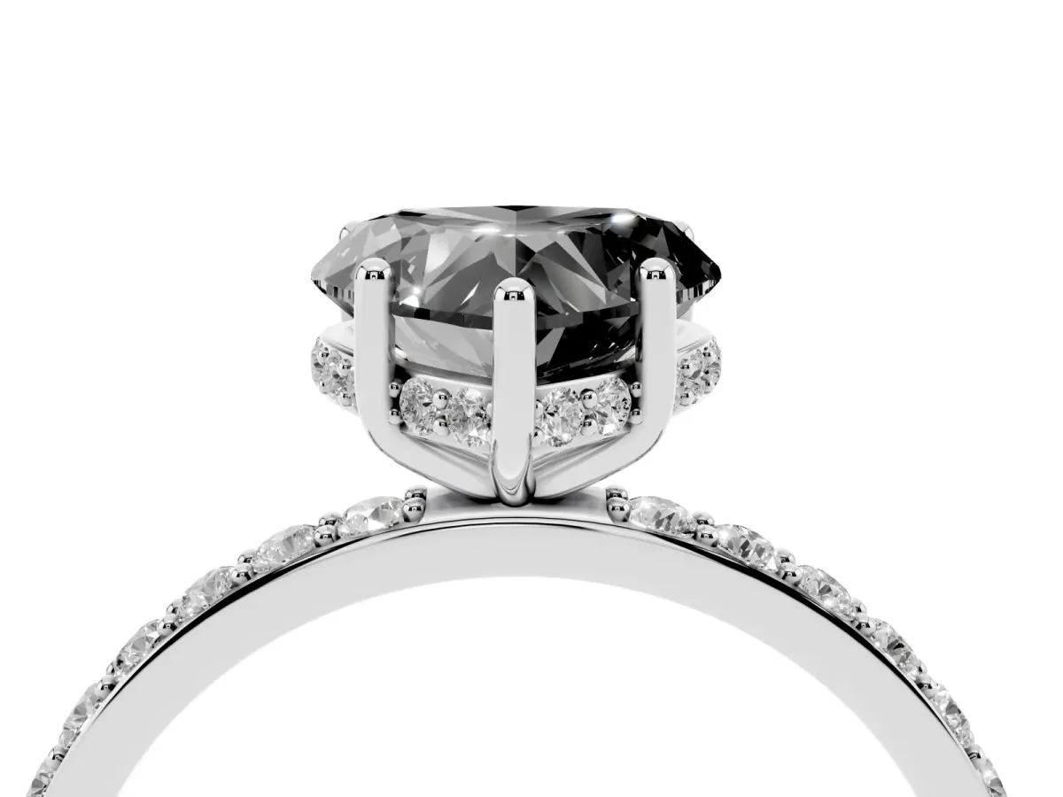 Fancy Black Heart Cut Diamond Solitaire Ring with Pavé Band and Hidden Halo Silver