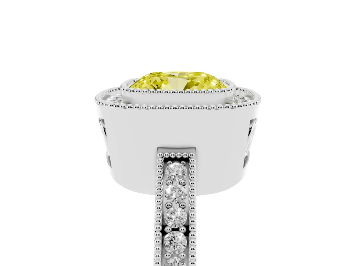 Fancy Yellow Cushion Cut Cut Halo Diamond Ring with Pavé Band and Milgrain Prong Setting Platinum