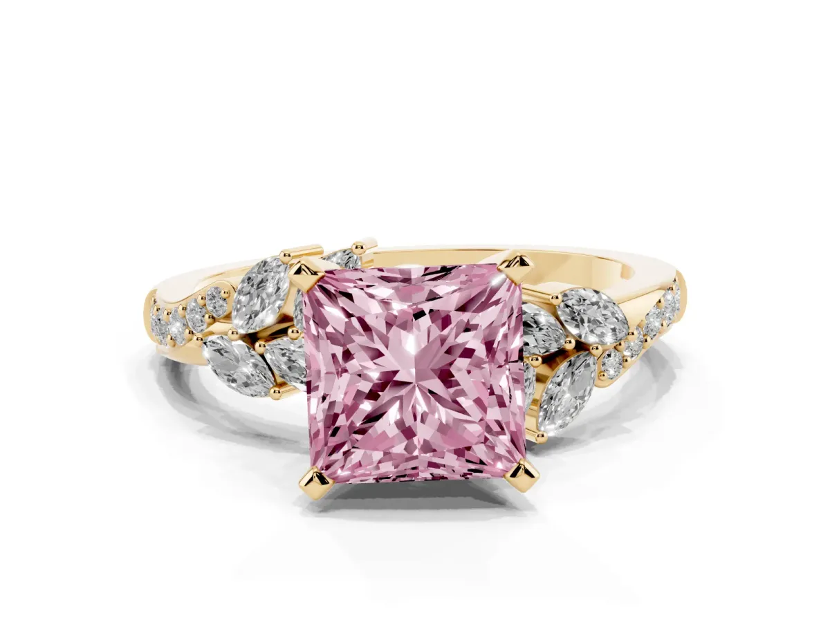 Fancy Pink Princess Cut Solitaire Marquise Twist Band with Six-Prong Setting Yellow gold