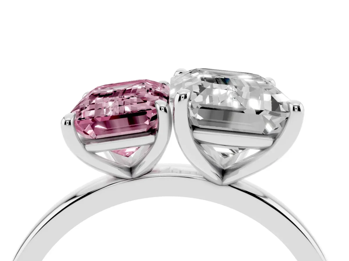 Fancy Pink Emerald Cut and Emerald Cut Toi Moi Ring with Prong Setting Platinum
