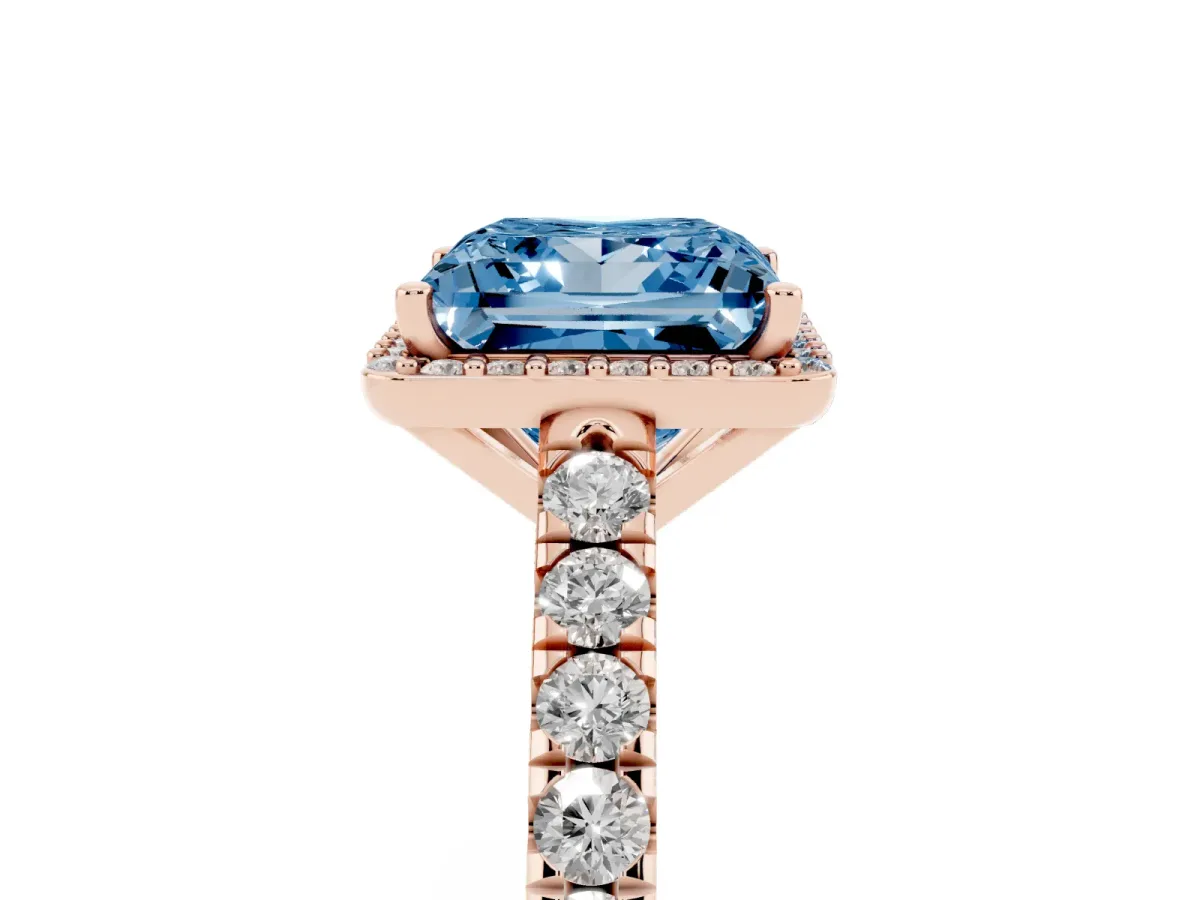 Fancy Blue Princess Cut Cut Halo Diamond Engagement Ring with Pave Band and Four-Prong Setting Rose gold
