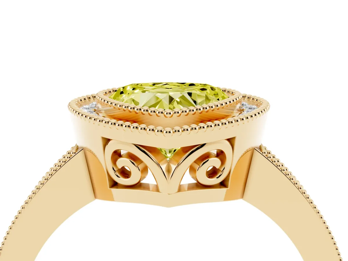 Fancy Yellow Heart Cut Cut Halo Diamond Ring with Pavé Band and Milgrain Prong Setting Yellow gold