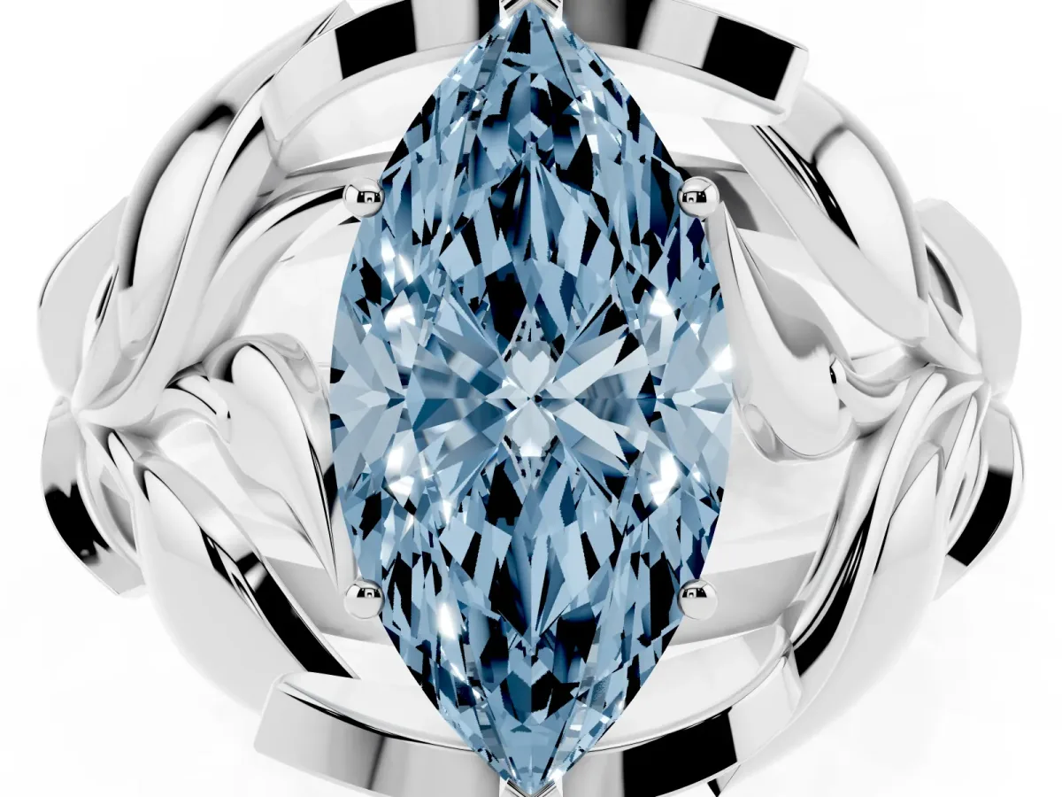 Fancy Blue Marquise Cut Diamond Leaf-Inspired Engagement Ring with Round Accents and Prong Setting Silver