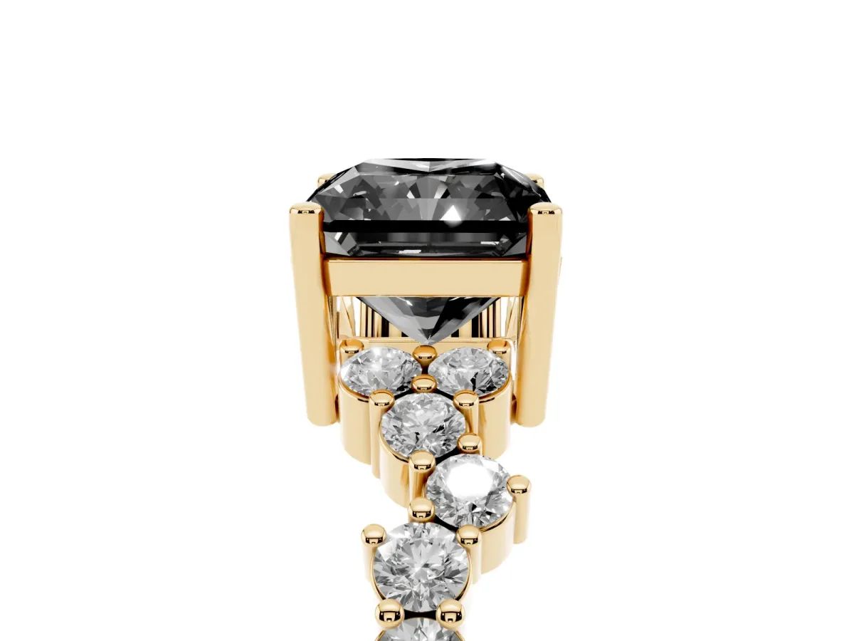 Fancy Black Radiant Cut Diamond Scattered Round Accent Ring with Prong Setting Yellow gold