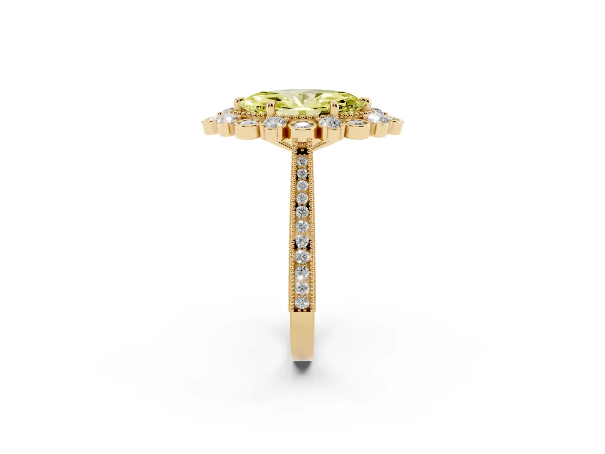 Fancy Yellow Marquise Cut Halo Milgrain Pave Diamond Ring with Four-Prong Setting Yellow gold
