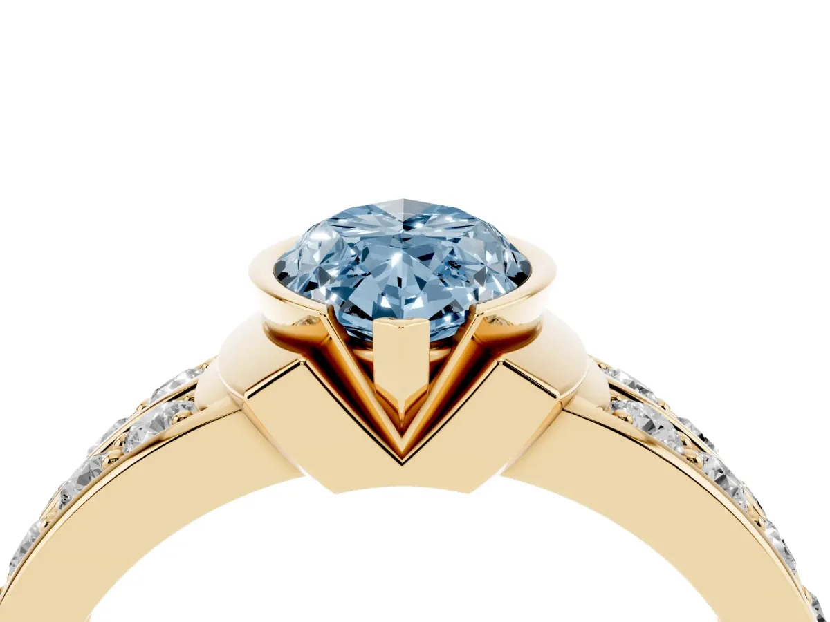 Fancy Blue Marquise Cut Brilliant Diamond Channel Set Wide Band Ring with Bezel Setting Yellow gold