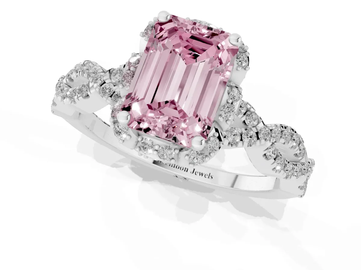 Fancy Pink Emerald Cut Halo Twist Band Solitaire Ring with Six-Prong Setting Silver