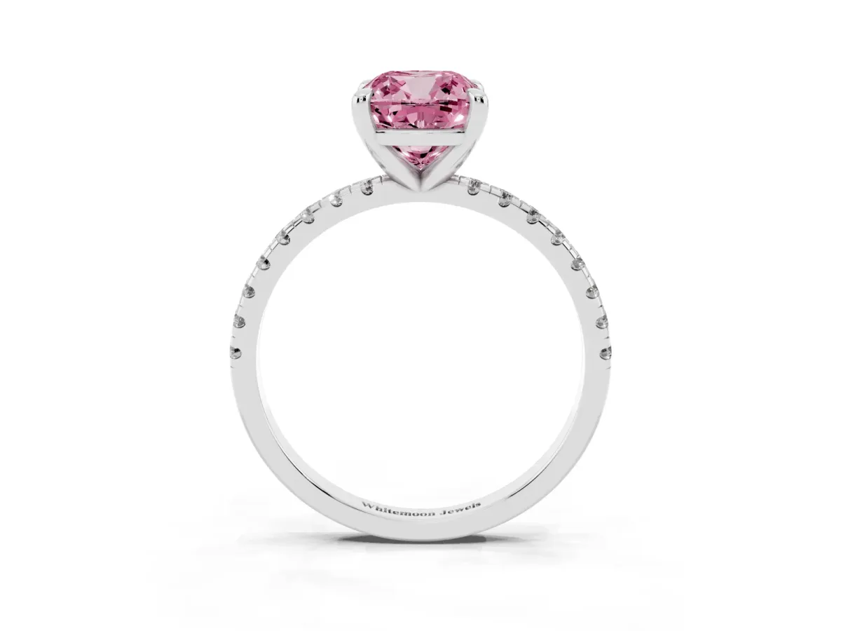 Fancy Pink Cushion Cut Diamond Brilliant Solitaire Ring with Pavé Band and Four-Prong Setting White gold