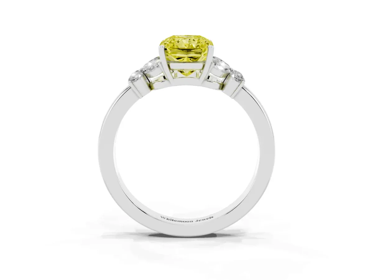 Fancy Yellow Radiant Cut Cut Solitaire Floral Diamond Ring with Four-Prong Setting Silver