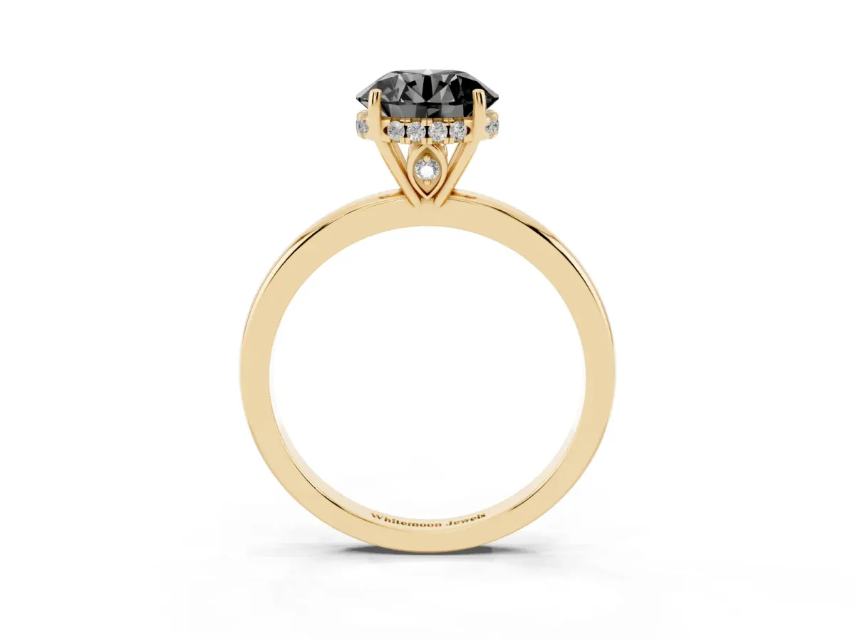 Fancy Black Round Cut Solitaire Diamond Ring with Prong Setting and Plain Band Yellow gold