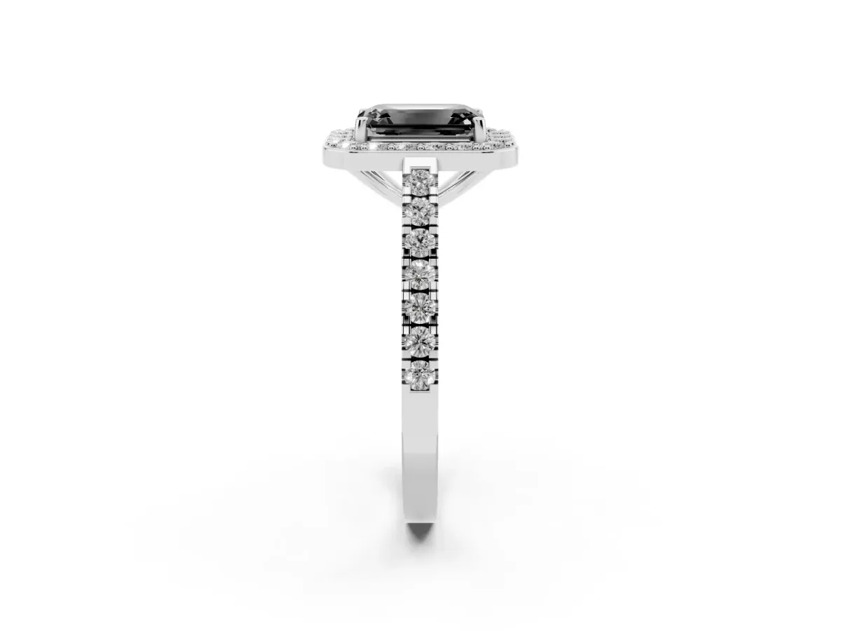 Fancy Black Emerald Cut Diamond Halo Ring with Round Pavé Split Shank and Prong Setting Platinum