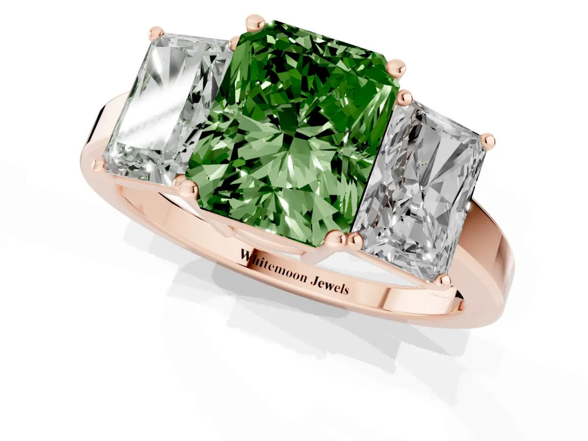 Fancy Green Three-Stone Radiant Cut Cut Diamond Engagement Ring with Flat Band and Four-Prong Setting Rose gold