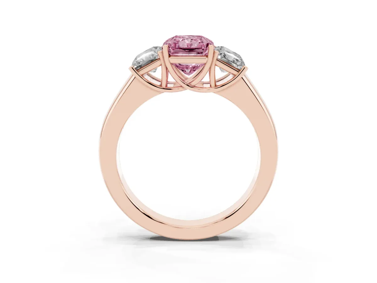 Fancy Pink Three-Stone Radiant Cut Cut Diamond Ring with Prong Setting and Classic Band Rose gold