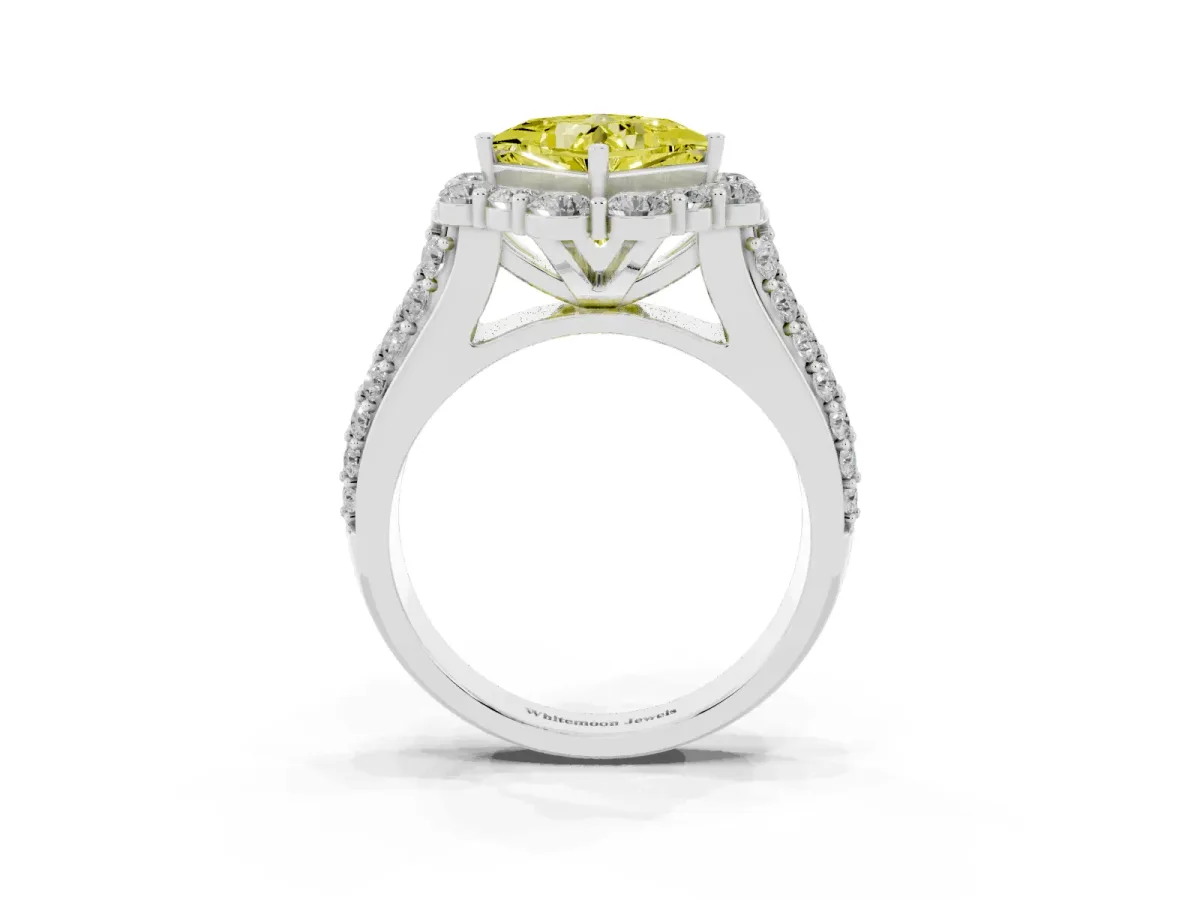 Fancy Yellow Princess Cut Halo Diamond Engagement Ring with Split Shank and Prong Setting Silver