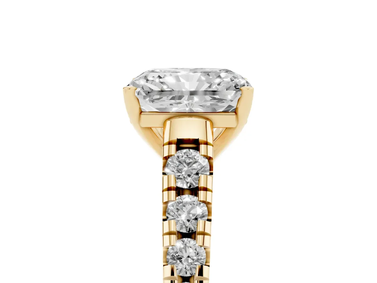 Radiant Cut Diamond Cathedral Solitaire Ring with Round Pavé Band Yellow gold