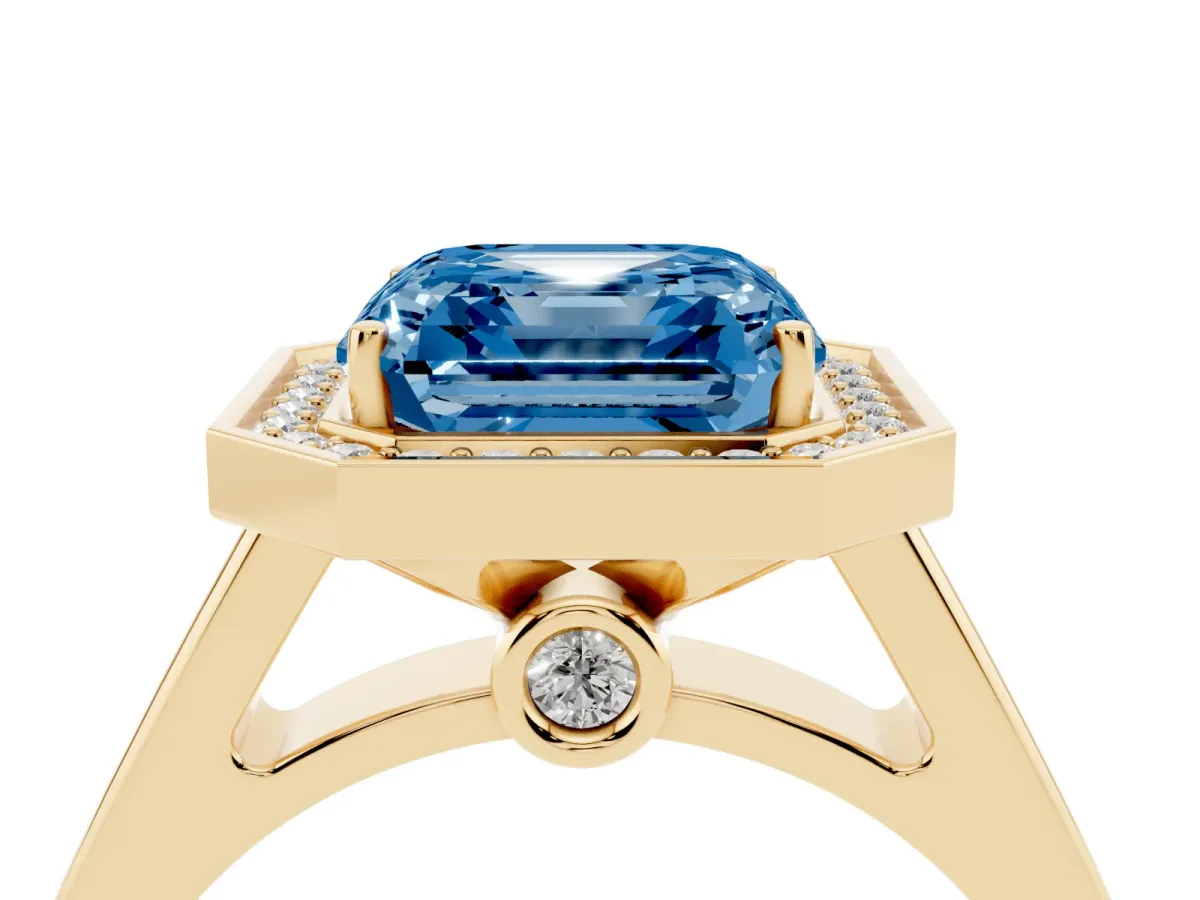 Fancy Blue Asscher Cut Halo Solitaire Diamond Ring with Pave Band and Bezel Setting Yellow gold