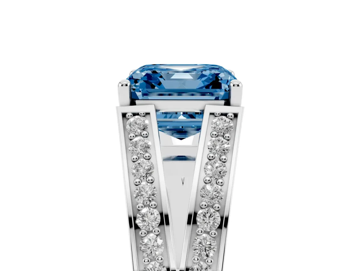 Fancy Blue Asscher Cut Diamond Split Shank Ring with Pavé Band and Four-Prong Setting White gold