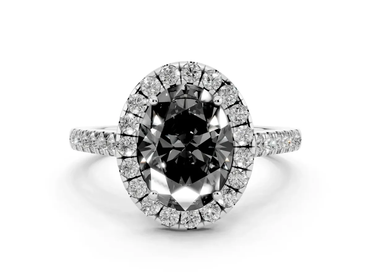 Fancy Black Oval Cut Halo Pave Diamond Engagement Ring with Four-Prong Setting Silver