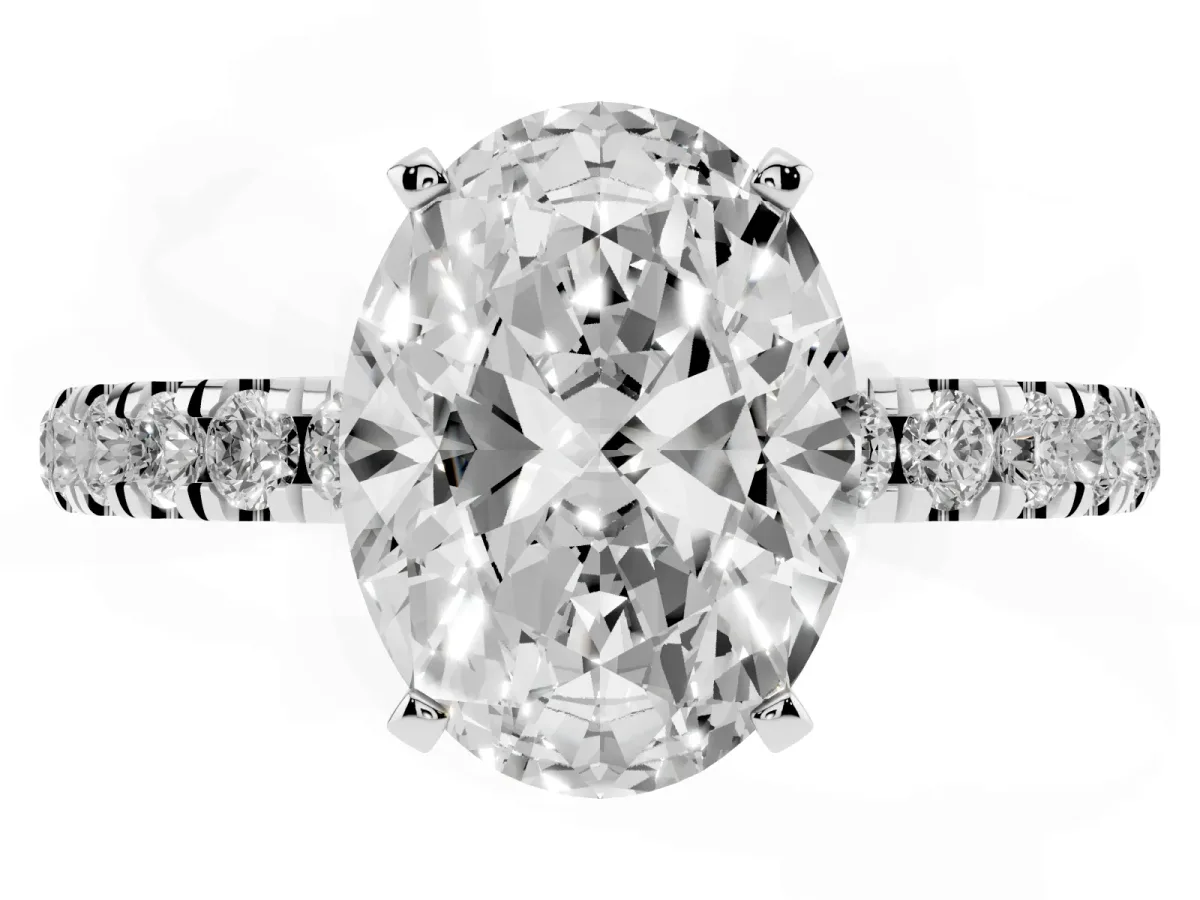 Oval Cut Diamond Solitaire Ring with Pavé Accents and Four-Prong Setting Silver