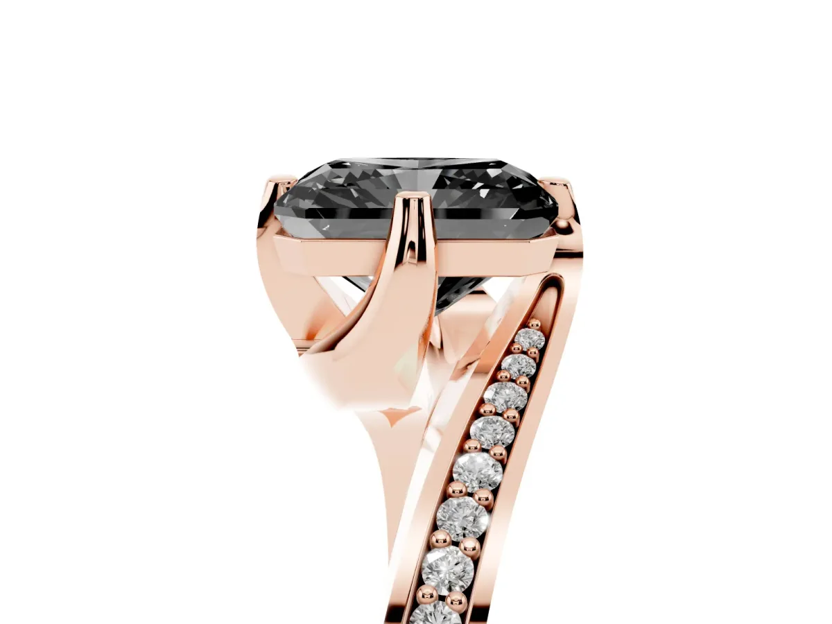 Fancy Black Radiant Cut Solitaire Diamond Twist Band with Pavé Setting and Four-Prong Setting Rose gold