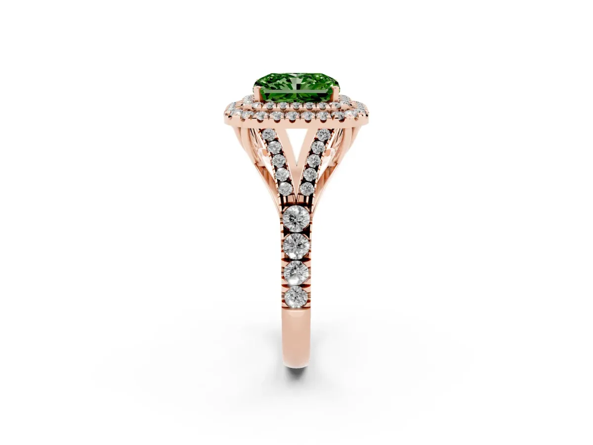 Fancy Green Double Halo Radiant Cut Diamond Split Shank Engagement Ring with Four-Prong Setting Rose gold