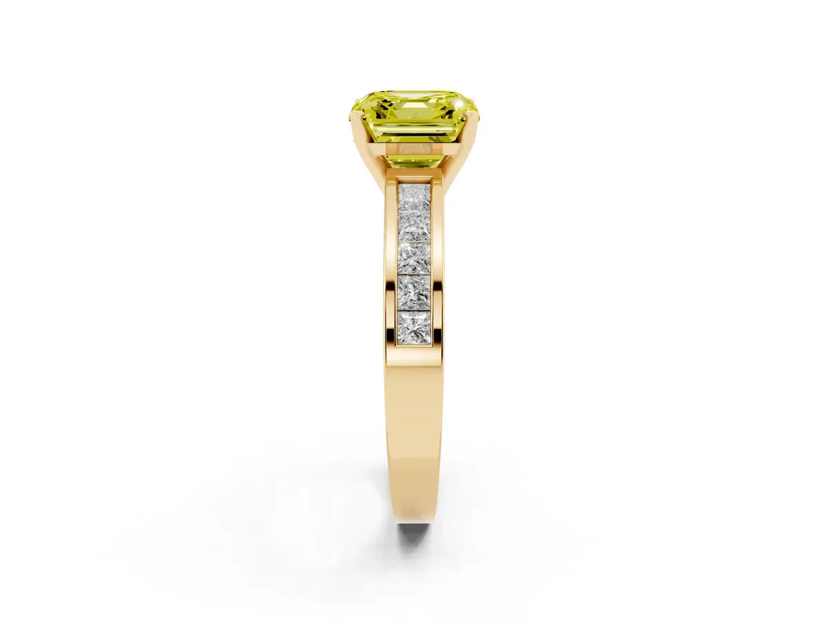 Fancy Yellow Asscher Cut Solitaire Diamond Ring with Channel-Set Band and Four-Prong Setting Yellow gold