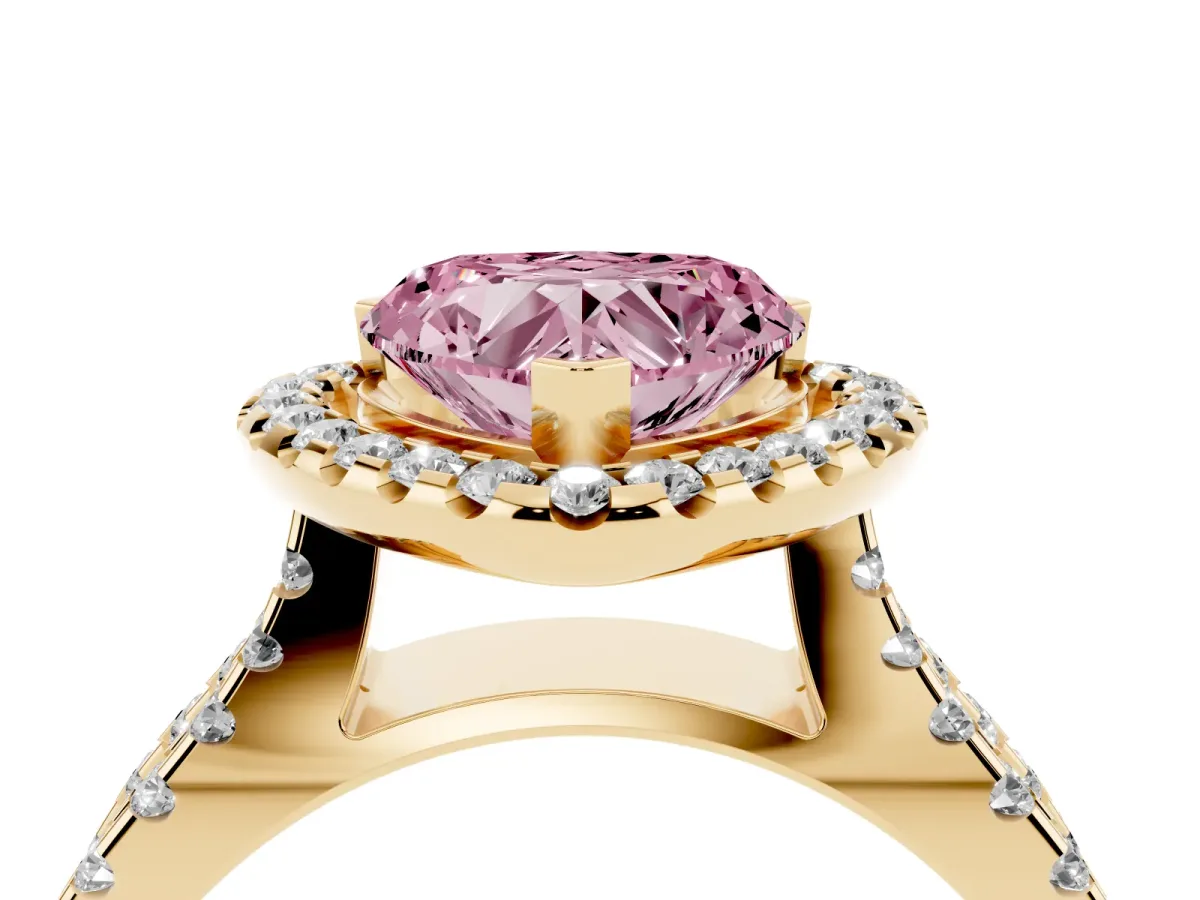 Fancy Pink Heart Cut Diamond Halo Ring with Split Shank Pavé Band and Prong Setting Yellow gold