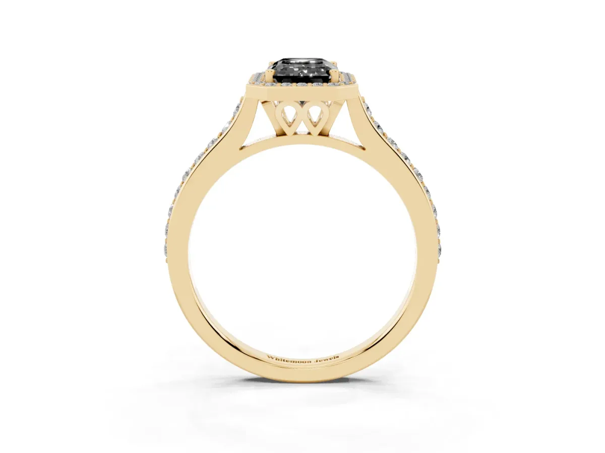 Fancy Black Emerald Cut Diamond Halo Engagement Ring with Round Pavé Shoulders and Prong Setting Yellow gold