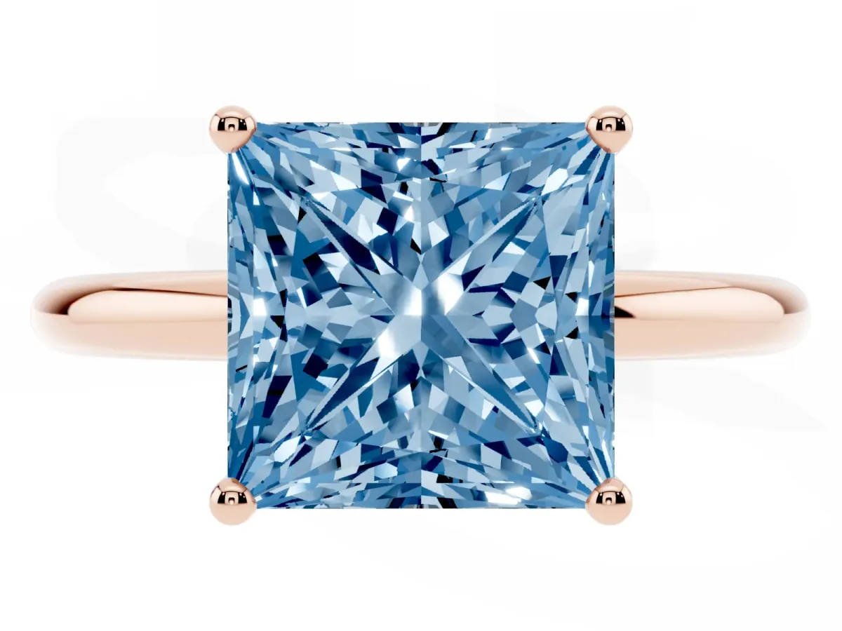 Fancy Blue Princess Cut Cut Solitaire Engagement Ring with Four-Prong Setting and Classic Band Rose gold
