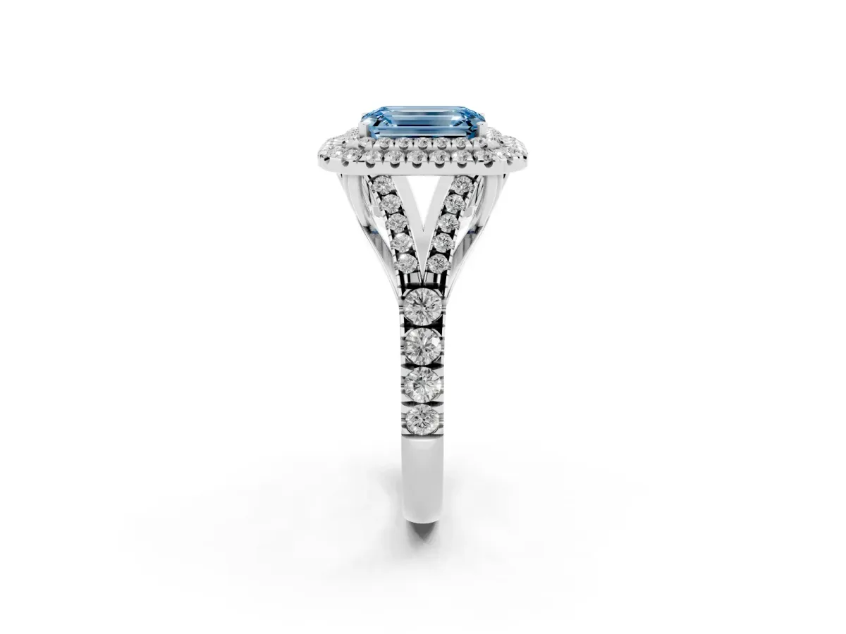 Fancy Blue Emerald Cut Diamond Pavé Split Shank Double Halo Engagement Ring Platinum