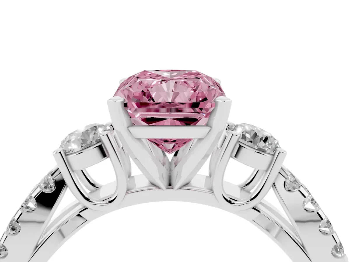 Fancy Pink Radiant Cut Diamond Three-Stone Ring with Pavé Split Shank and Four-Prong Setting Silver