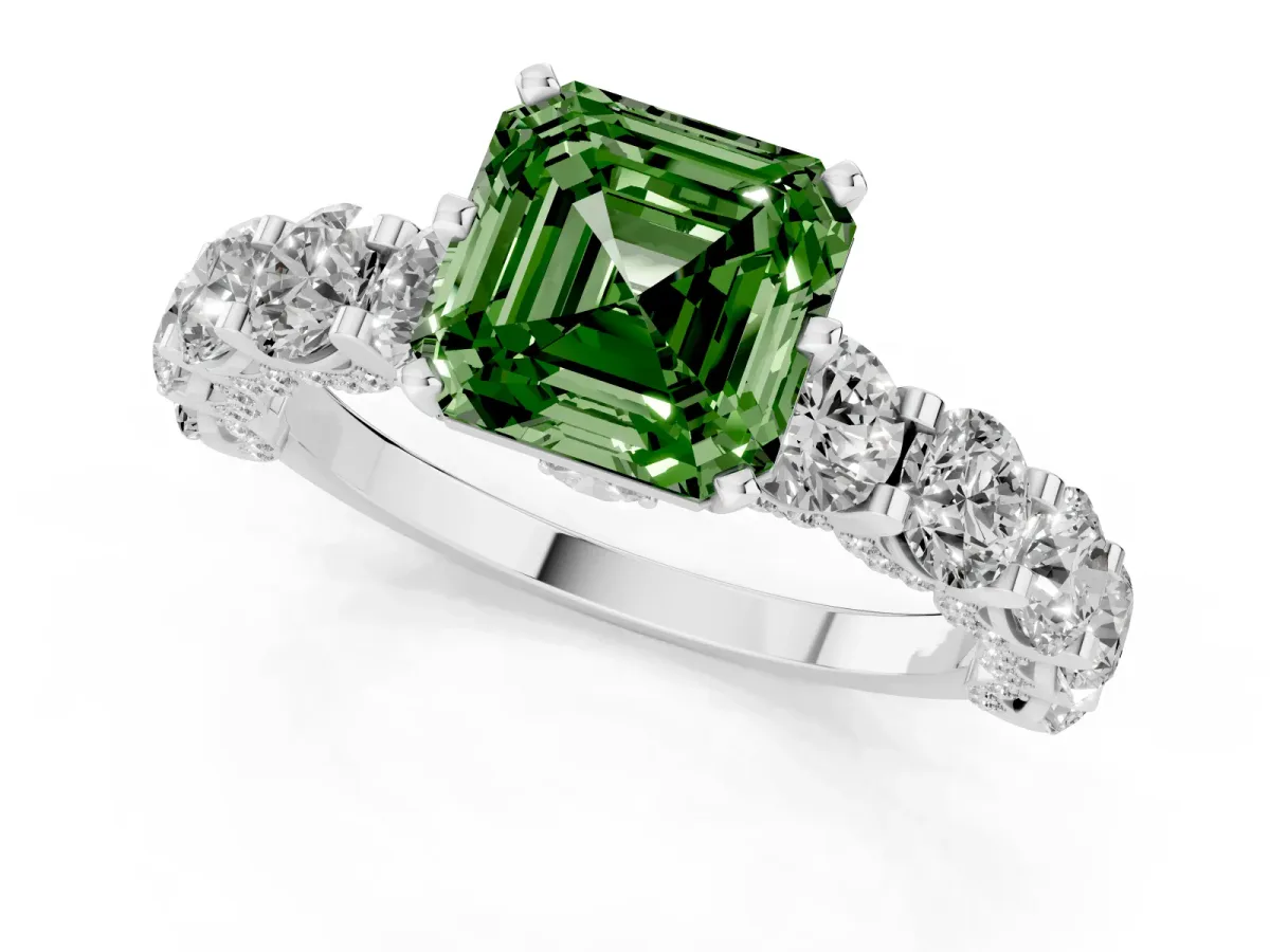 Fancy Green Asscher Cut Diamond Side Stone Engagement Ring with Four-Prong Setting White gold