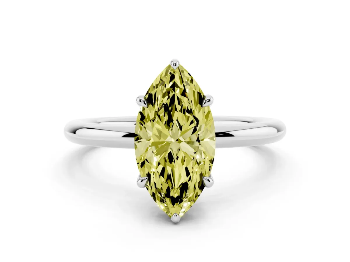 Fancy Yellow Marquise Cut Diamond Solitaire Ring with Thin Band and Four-Prong Setting Platinum