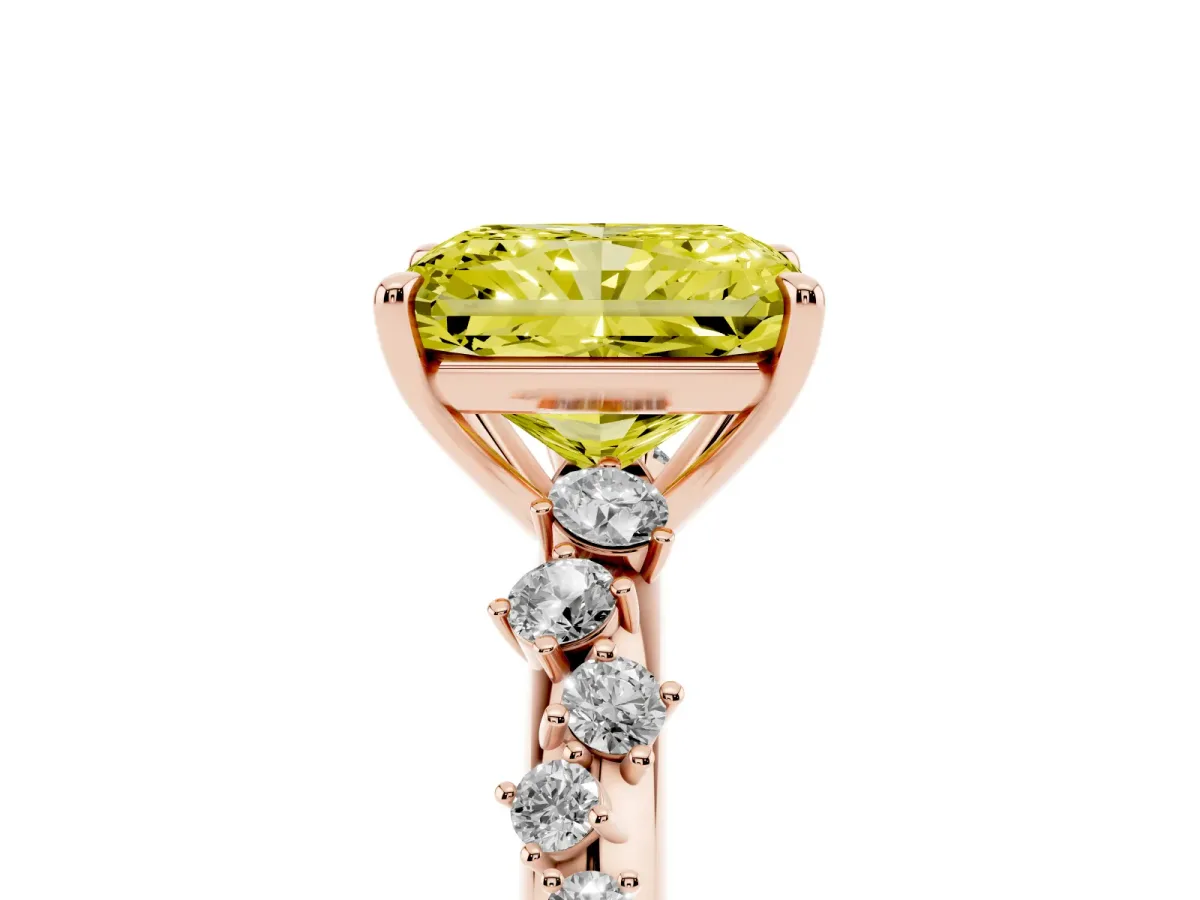 Fancy Yellow Radiant Cut Diamond Cluster Side Stone Solitaire Ring with Prong Setting Rose gold