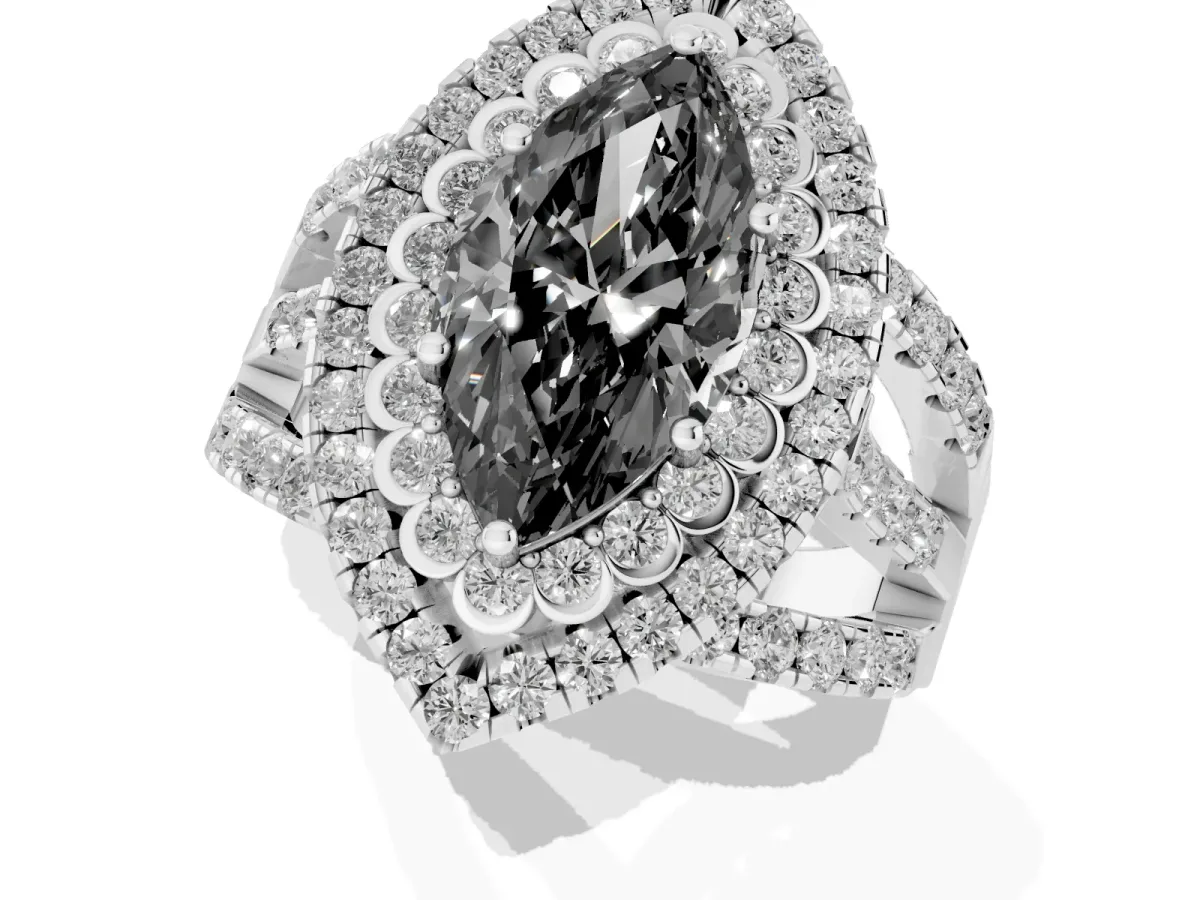 Fancy Black Marquise Cut Diamond Double Halo Ring with Round Pavé Split Shank and Prong Setting Silver